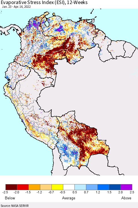 Northern South America Evaporative Stress Index (ESI), 12-Weeks Thematic Map For 4/11/2022 - 4/17/2022