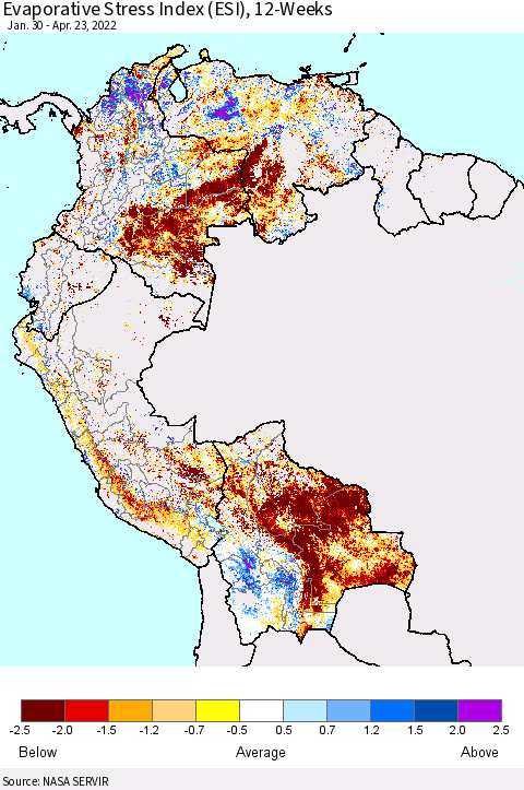 Northern South America Evaporative Stress Index (ESI), 12-Weeks Thematic Map For 4/18/2022 - 4/24/2022