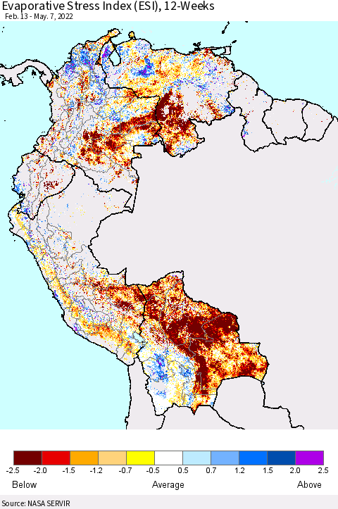 Northern South America Evaporative Stress Index (ESI), 12-Weeks Thematic Map For 5/2/2022 - 5/8/2022