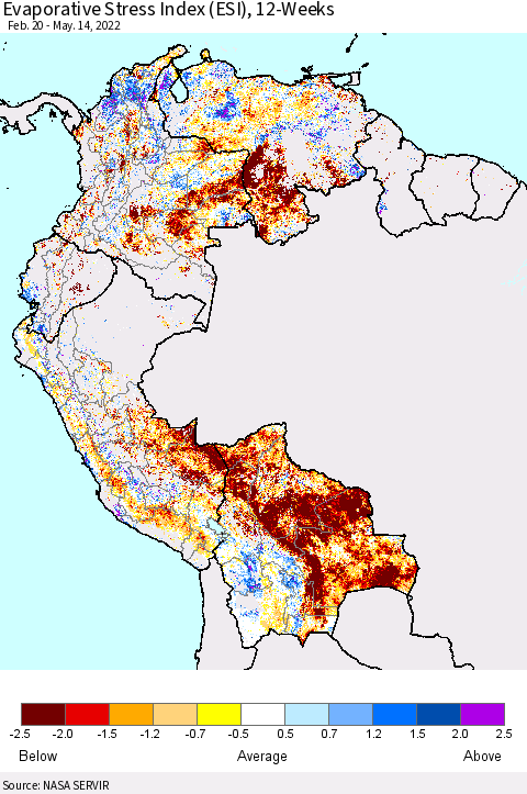 Northern South America Evaporative Stress Index (ESI), 12-Weeks Thematic Map For 5/9/2022 - 5/15/2022