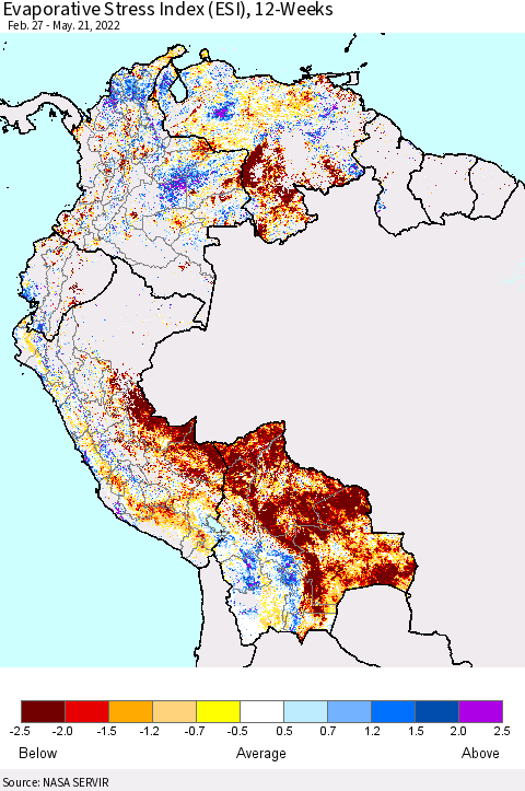 Northern South America Evaporative Stress Index (ESI), 12-Weeks Thematic Map For 5/16/2022 - 5/22/2022