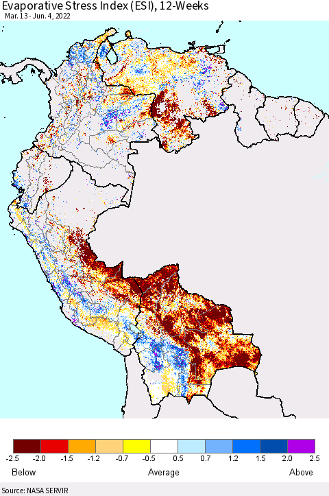Northern South America Evaporative Stress Index (ESI), 12-Weeks Thematic Map For 5/30/2022 - 6/5/2022