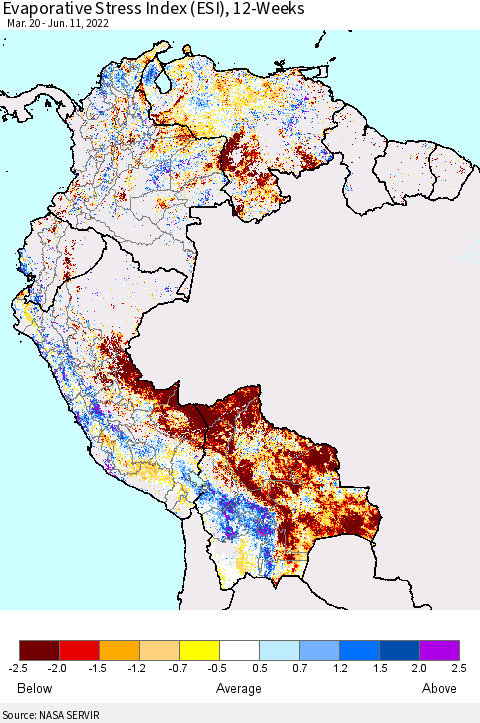 Northern South America Evaporative Stress Index (ESI), 12-Weeks Thematic Map For 6/6/2022 - 6/12/2022