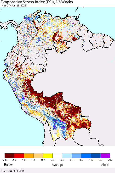 Northern South America Evaporative Stress Index (ESI), 12-Weeks Thematic Map For 6/13/2022 - 6/19/2022