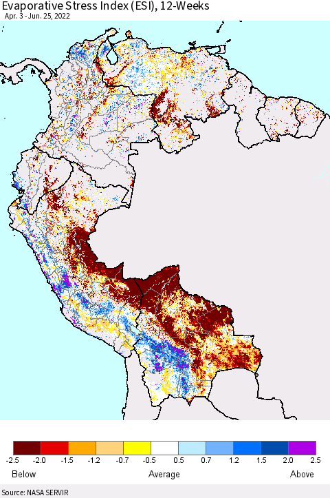 Northern South America Evaporative Stress Index (ESI), 12-Weeks Thematic Map For 6/20/2022 - 6/26/2022