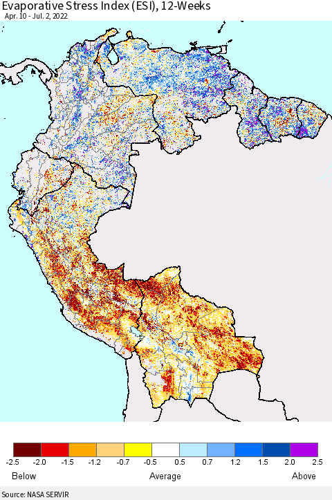 Northern South America Evaporative Stress Index (ESI), 12-Weeks Thematic Map For 6/27/2022 - 7/3/2022