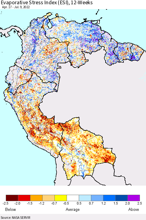 Northern South America Evaporative Stress Index (ESI), 12-Weeks Thematic Map For 7/4/2022 - 7/10/2022