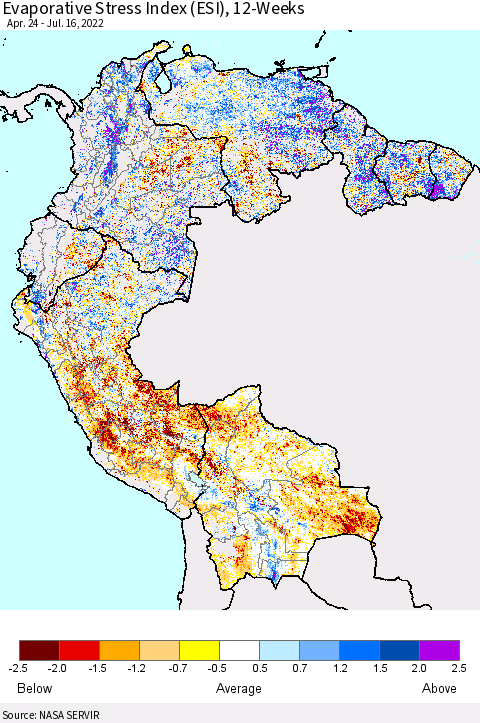 Northern South America Evaporative Stress Index (ESI), 12-Weeks Thematic Map For 7/11/2022 - 7/17/2022