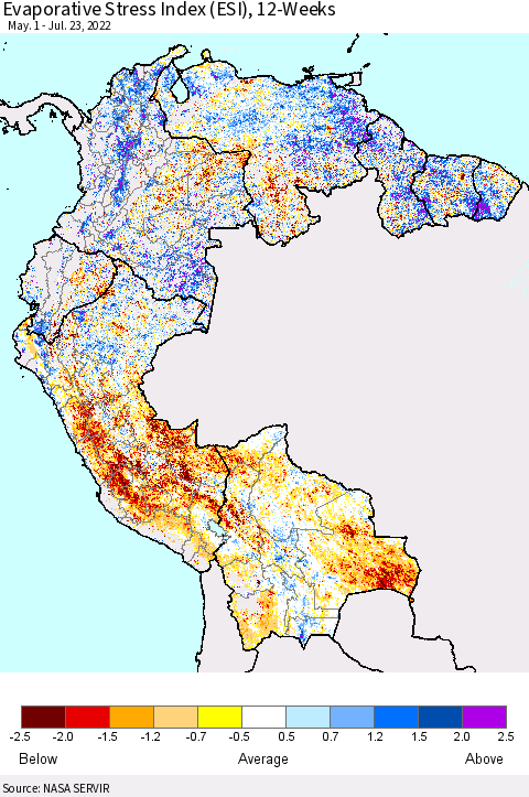 Northern South America Evaporative Stress Index (ESI), 12-Weeks Thematic Map For 7/18/2022 - 7/24/2022