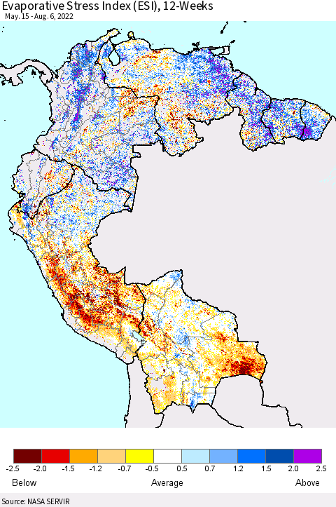 Northern South America Evaporative Stress Index (ESI), 12-Weeks Thematic Map For 8/1/2022 - 8/7/2022