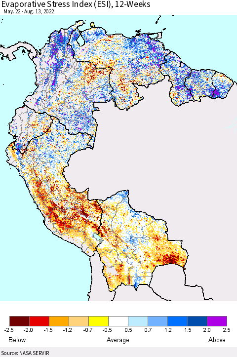 Northern South America Evaporative Stress Index (ESI), 12-Weeks Thematic Map For 8/8/2022 - 8/14/2022