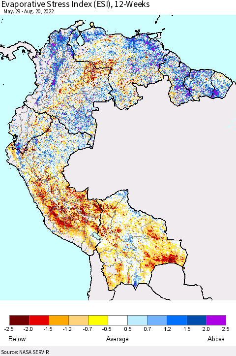 Northern South America Evaporative Stress Index (ESI), 12-Weeks Thematic Map For 8/15/2022 - 8/21/2022