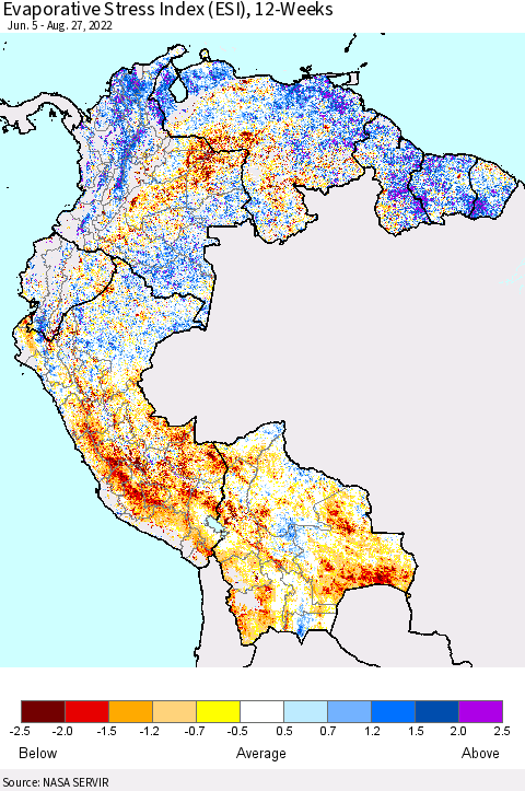 Northern South America Evaporative Stress Index (ESI), 12-Weeks Thematic Map For 8/22/2022 - 8/28/2022