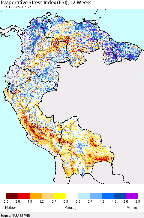 Northern South America Evaporative Stress Index (ESI), 12-Weeks Thematic Map For 8/29/2022 - 9/4/2022