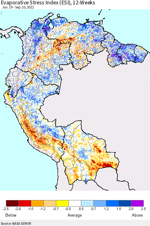 Northern South America Evaporative Stress Index (ESI), 12-Weeks Thematic Map For 9/5/2022 - 9/11/2022