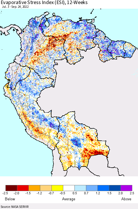 Northern South America Evaporative Stress Index (ESI), 12-Weeks Thematic Map For 9/19/2022 - 9/25/2022
