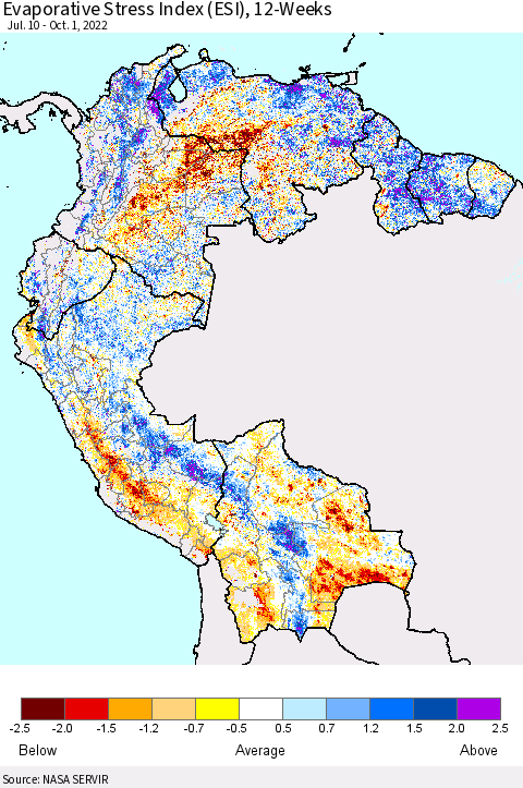 Northern South America Evaporative Stress Index (ESI), 12-Weeks Thematic Map For 9/26/2022 - 10/2/2022
