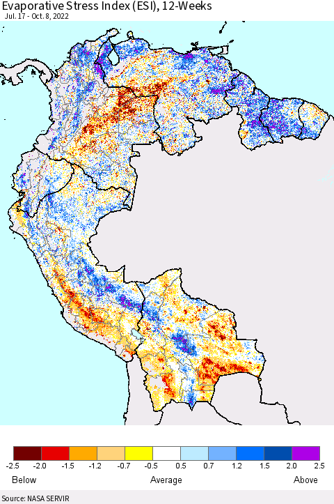 Northern South America Evaporative Stress Index (ESI), 12-Weeks Thematic Map For 10/3/2022 - 10/9/2022