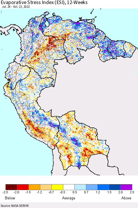 Northern South America Evaporative Stress Index (ESI), 12-Weeks Thematic Map For 10/10/2022 - 10/16/2022