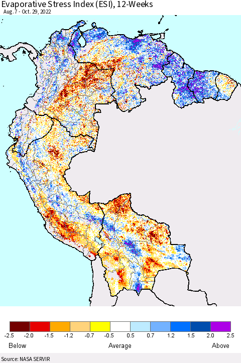 Northern South America Evaporative Stress Index (ESI), 12-Weeks Thematic Map For 10/24/2022 - 10/30/2022