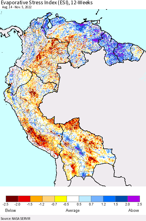 Northern South America Evaporative Stress Index (ESI), 12-Weeks Thematic Map For 10/31/2022 - 11/6/2022