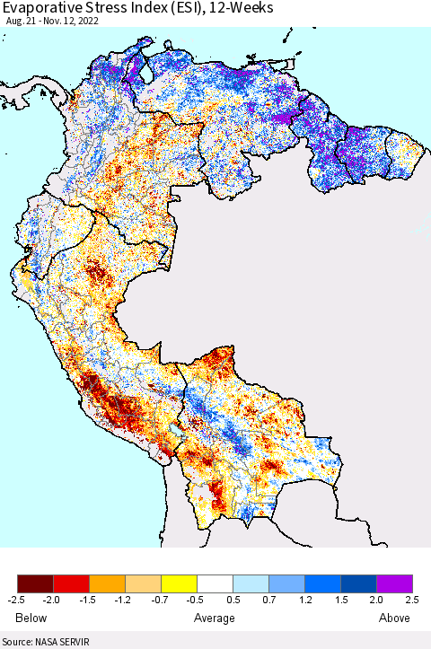 Northern South America Evaporative Stress Index (ESI), 12-Weeks Thematic Map For 11/7/2022 - 11/13/2022