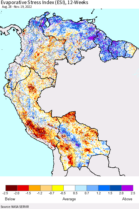 Northern South America Evaporative Stress Index (ESI), 12-Weeks Thematic Map For 11/14/2022 - 11/20/2022