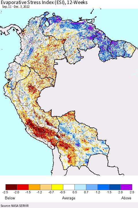 Northern South America Evaporative Stress Index (ESI), 12-Weeks Thematic Map For 11/28/2022 - 12/4/2022