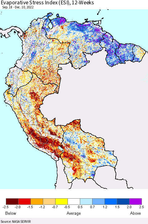 Northern South America Evaporative Stress Index (ESI), 12-Weeks Thematic Map For 12/5/2022 - 12/11/2022
