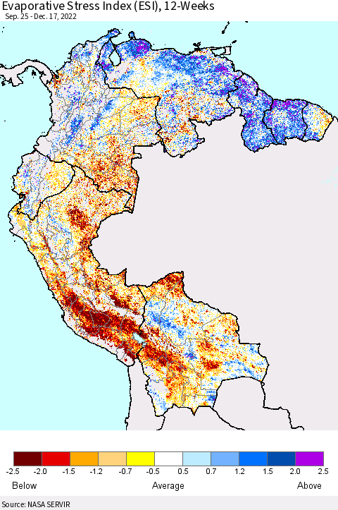 Northern South America Evaporative Stress Index (ESI), 12-Weeks Thematic Map For 12/12/2022 - 12/18/2022