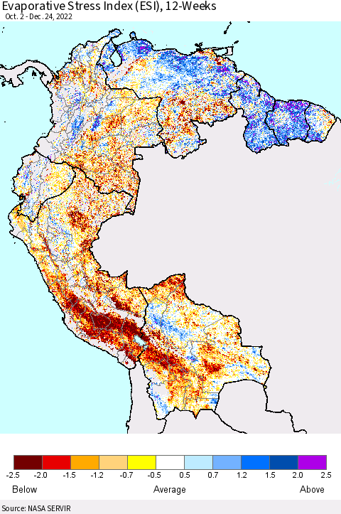 Northern South America Evaporative Stress Index (ESI), 12-Weeks Thematic Map For 12/19/2022 - 12/25/2022