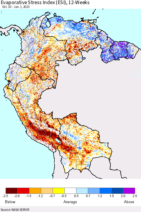 Northern South America Evaporative Stress Index (ESI), 12-Weeks Thematic Map For 12/26/2022 - 1/1/2023