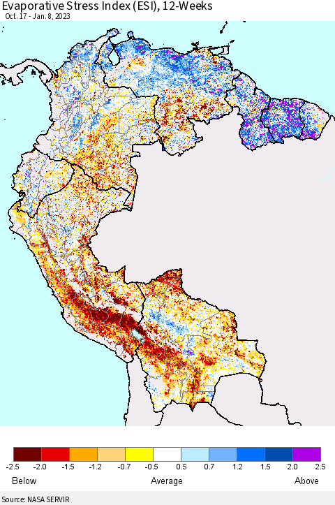 Northern South America Evaporative Stress Index (ESI), 12-Weeks Thematic Map For 1/2/2023 - 1/8/2023