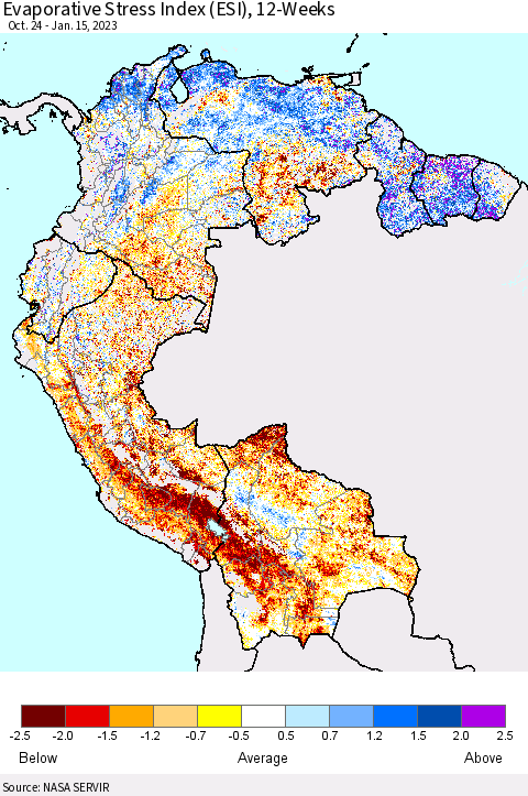 Northern South America Evaporative Stress Index (ESI), 12-Weeks Thematic Map For 1/9/2023 - 1/15/2023
