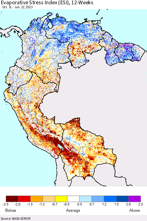 Northern South America Evaporative Stress Index (ESI), 12-Weeks Thematic Map For 1/16/2023 - 1/22/2023