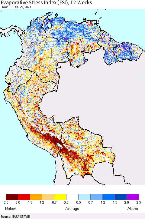 Northern South America Evaporative Stress Index (ESI), 12-Weeks Thematic Map For 1/23/2023 - 1/29/2023
