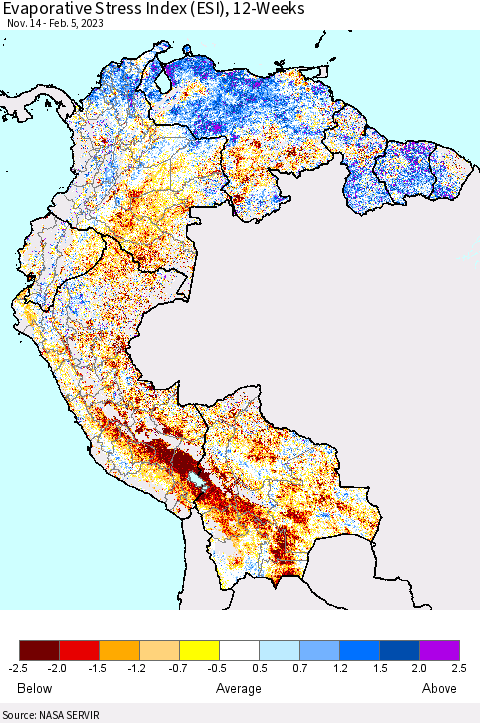 Northern South America Evaporative Stress Index (ESI), 12-Weeks Thematic Map For 1/30/2023 - 2/5/2023