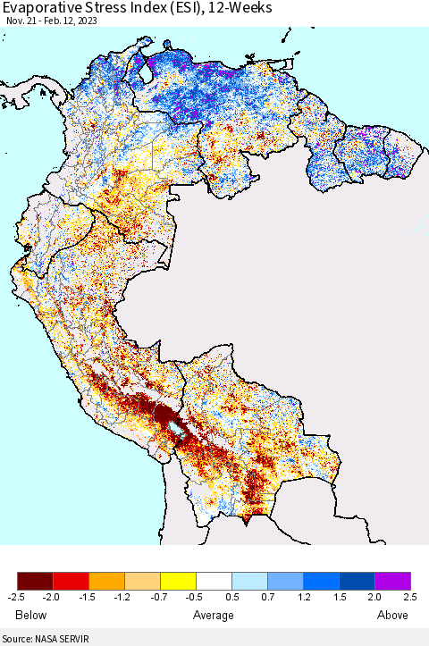 Northern South America Evaporative Stress Index (ESI), 12-Weeks Thematic Map For 2/6/2023 - 2/12/2023