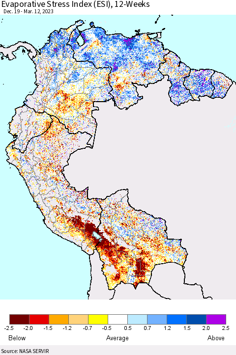 Northern South America Evaporative Stress Index (ESI), 12-Weeks Thematic Map For 3/6/2023 - 3/12/2023