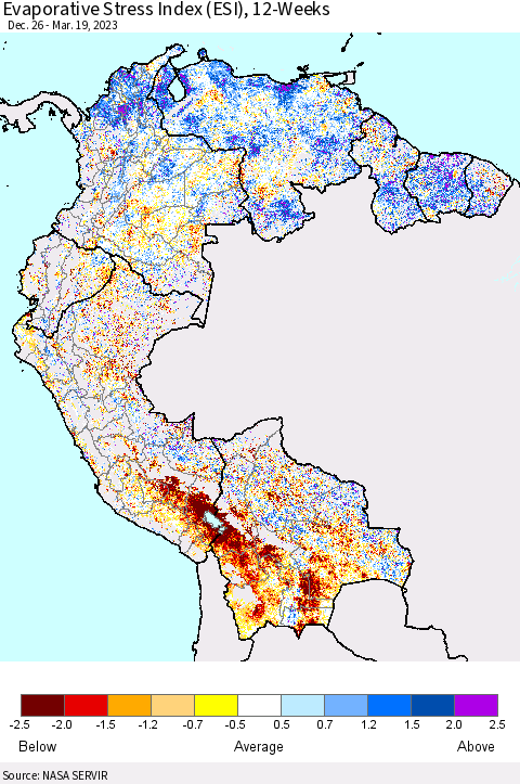 Northern South America Evaporative Stress Index (ESI), 12-Weeks Thematic Map For 3/13/2023 - 3/19/2023