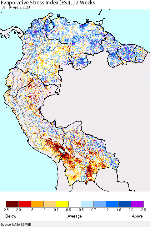 Northern South America Evaporative Stress Index (ESI), 12-Weeks Thematic Map For 3/27/2023 - 4/2/2023