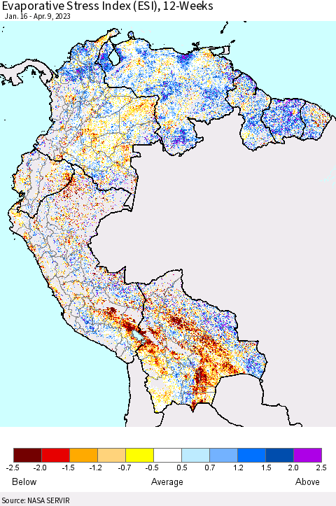 Northern South America Evaporative Stress Index (ESI), 12-Weeks Thematic Map For 4/3/2023 - 4/9/2023