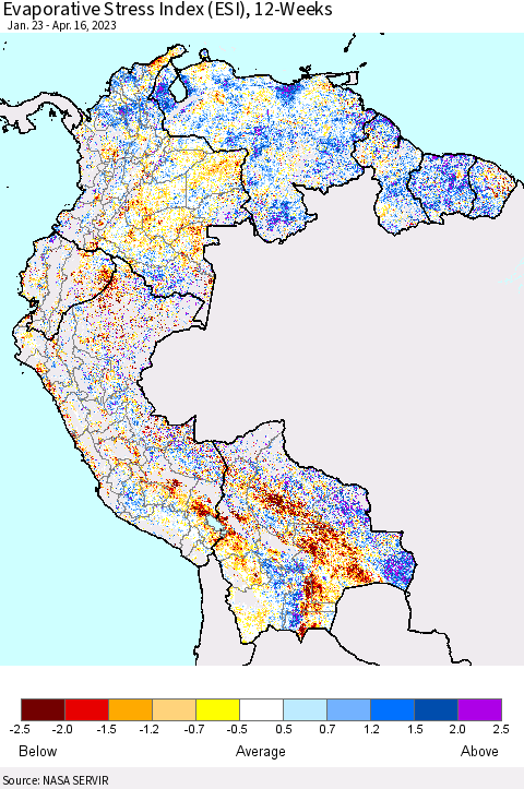 Northern South America Evaporative Stress Index (ESI), 12-Weeks Thematic Map For 4/10/2023 - 4/16/2023