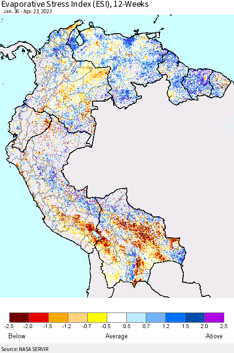 Northern South America Evaporative Stress Index (ESI), 12-Weeks Thematic Map For 4/17/2023 - 4/23/2023