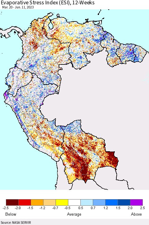 Northern South America Evaporative Stress Index (ESI), 12-Weeks Thematic Map For 6/5/2023 - 6/11/2023
