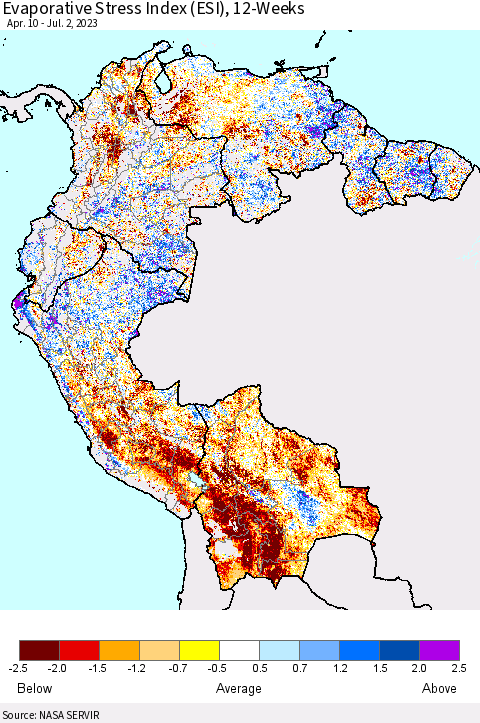 Northern South America Evaporative Stress Index (ESI), 12-Weeks Thematic Map For 6/26/2023 - 7/2/2023