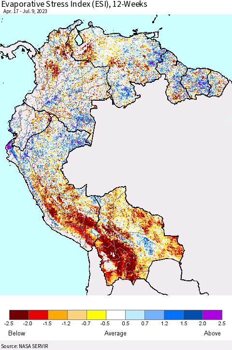 Northern South America Evaporative Stress Index (ESI), 12-Weeks Thematic Map For 7/3/2023 - 7/9/2023