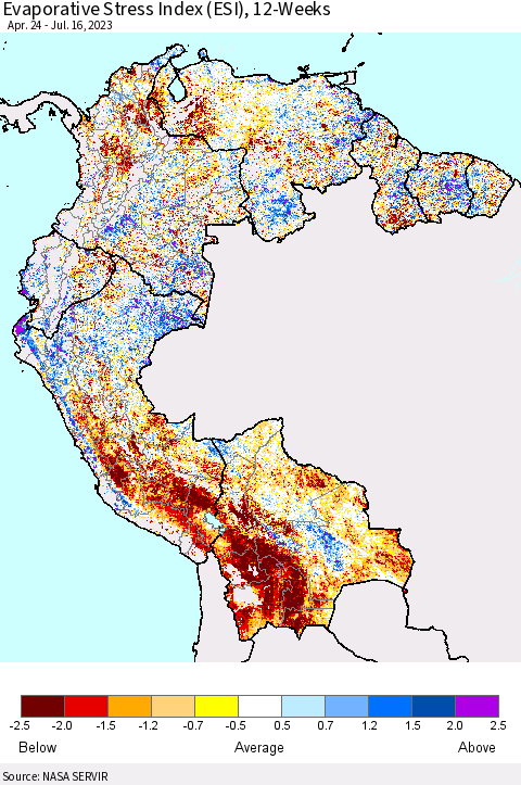 Northern South America Evaporative Stress Index (ESI), 12-Weeks Thematic Map For 7/10/2023 - 7/16/2023