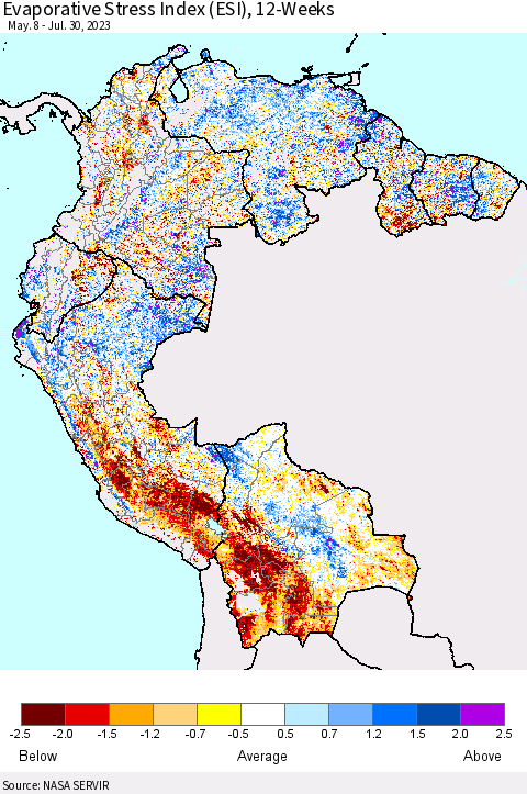 Northern South America Evaporative Stress Index (ESI), 12-Weeks Thematic Map For 7/24/2023 - 7/30/2023