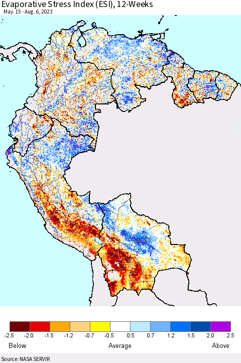 Northern South America Evaporative Stress Index (ESI), 12-Weeks Thematic Map For 7/31/2023 - 8/6/2023